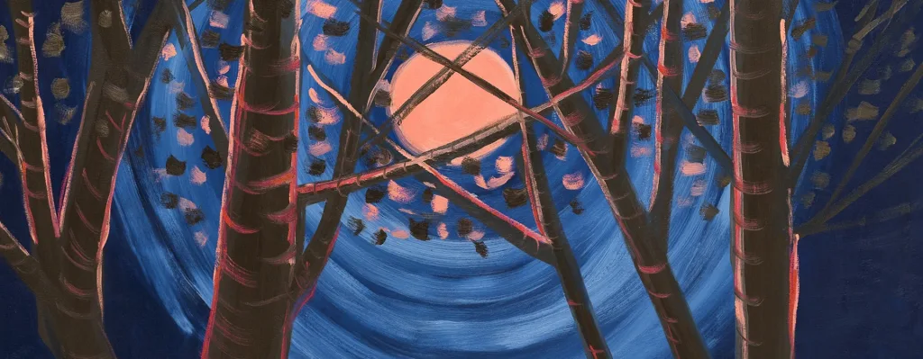 abstract painting of the moon showing through trees